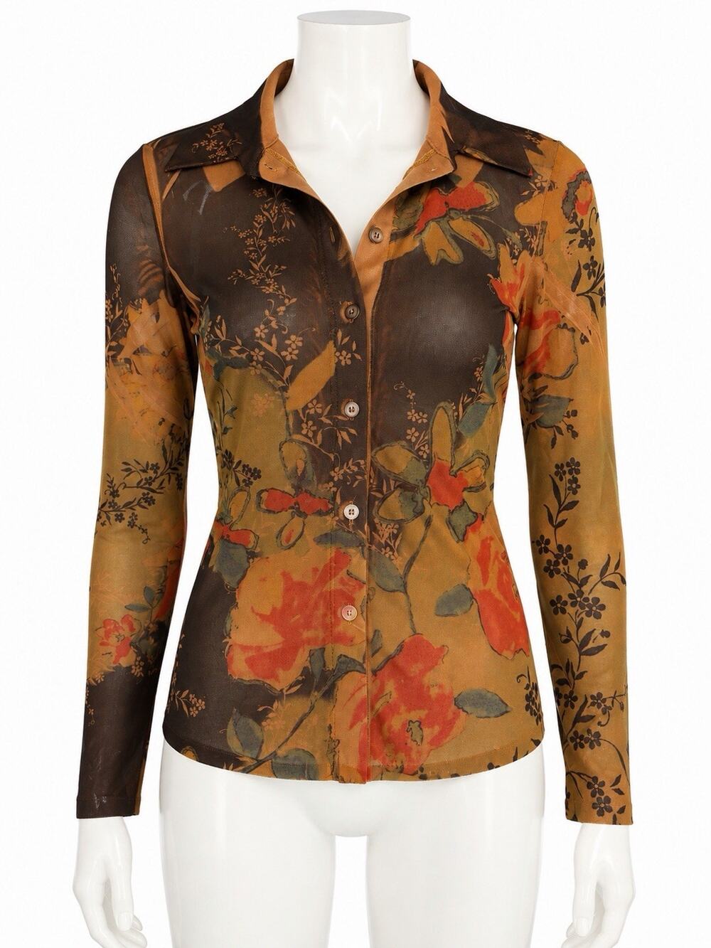 Nikki Danielle Paris Sheer Mesh Floral Button Front Blouse Brown Y2K Long Sleeve